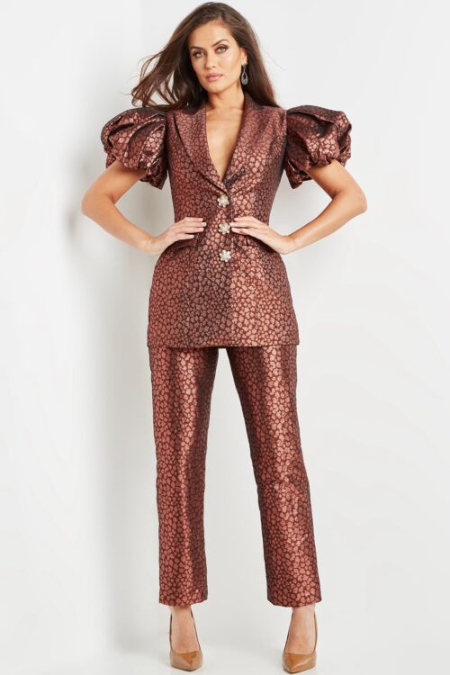 Model wearing Jovani 09643 Coffee Short Puff Sleeves Two Piece Suit