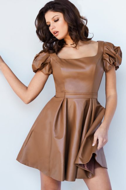 Single model showcasing Jovani 09690 dress in brown with a square neckline and puff sleeves.