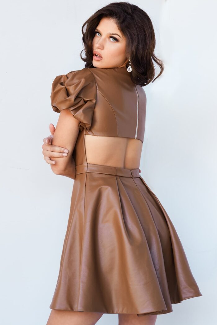 Model wearing Jovani 09690 Caramel Pleather Fit and Flare Short Dress