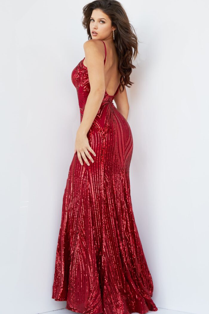 Model wearing Jovani 09693 Hot Pink Plunging neck Embellished Dress