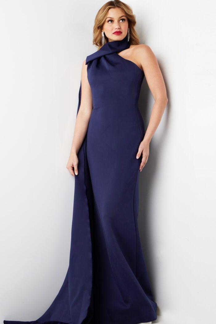 Model wearing Navy High Neck Sheath Formal Gown 09709