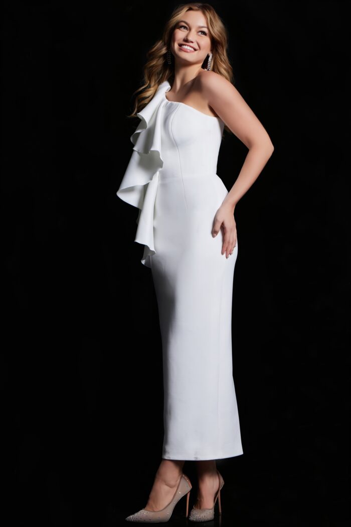 Model wearing Ivory Sheath Tea Length Formal Dress 09720