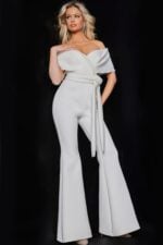 Front view of Jovani 09726 white jumpsuit with wide-leg silhouette