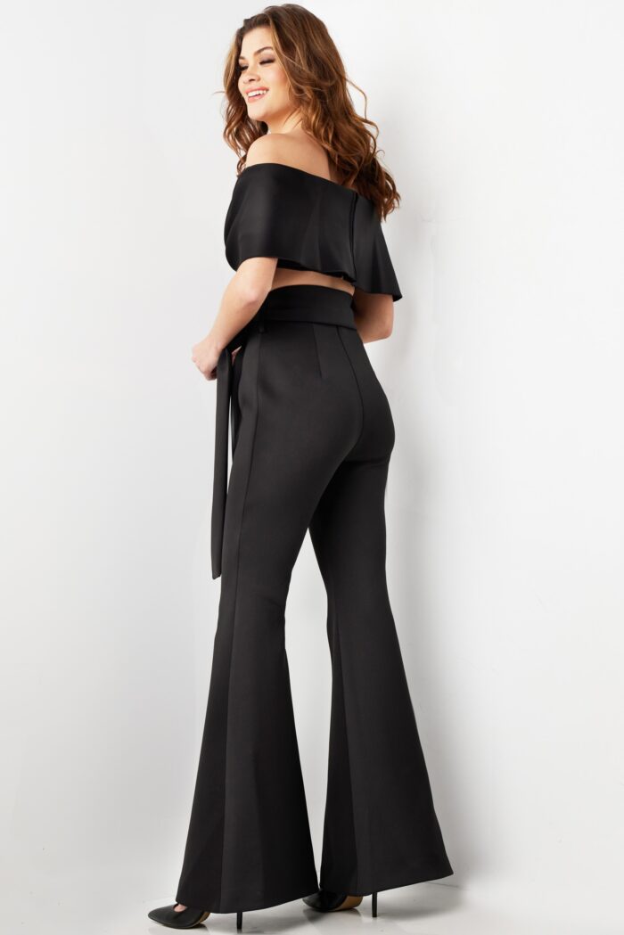 Model wearing Black Off the Shoulder High Waist Jumpsuit 09726