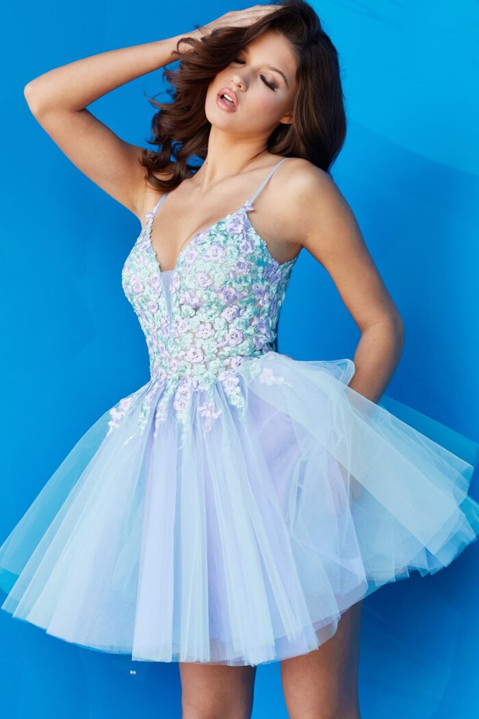 Model wearing Jovani 09728 Multi Floral Embroidered Bodice Tulle Homecoming Dress