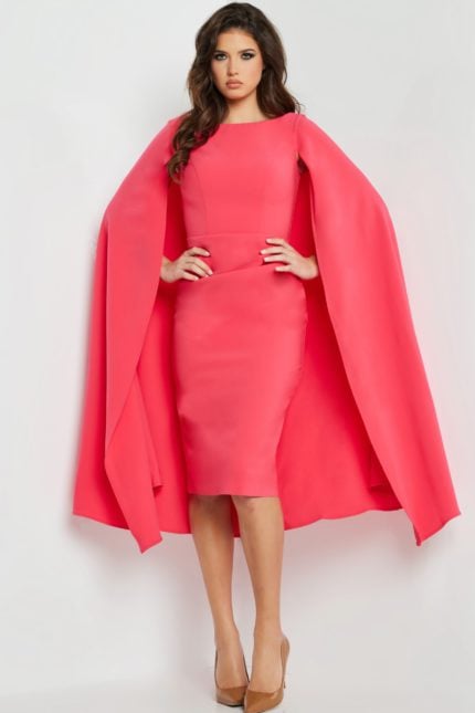 Model wearing Jovani 09756 red dress with cape sleeves from the front view.