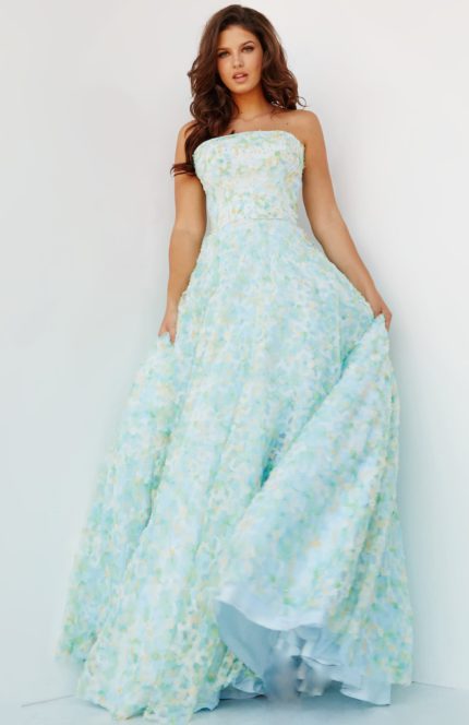 Model wearing K09765, front view of multi-colored A-line gown with strapless neckline and floral details.