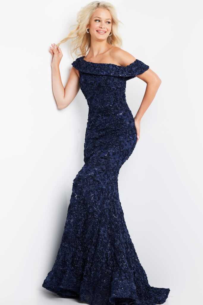 Jovani 09766 Navy Lace Off the Shoulder Evening Dress - Jovani