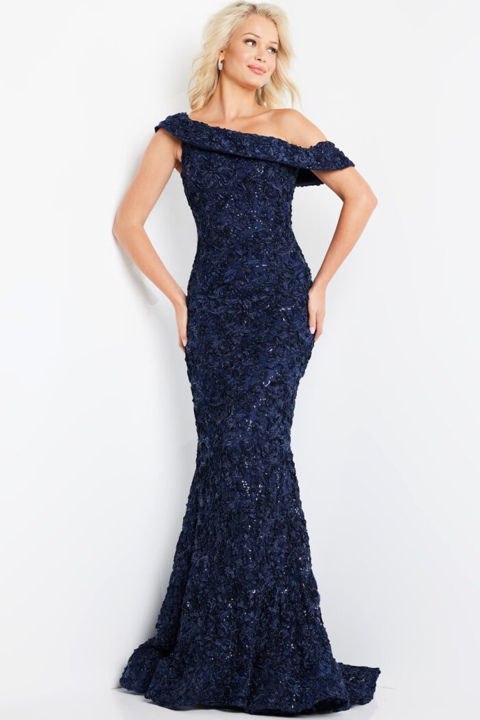 Model wearing Jovani 09766 Navy Lace Off the Shoulder Evening Dress