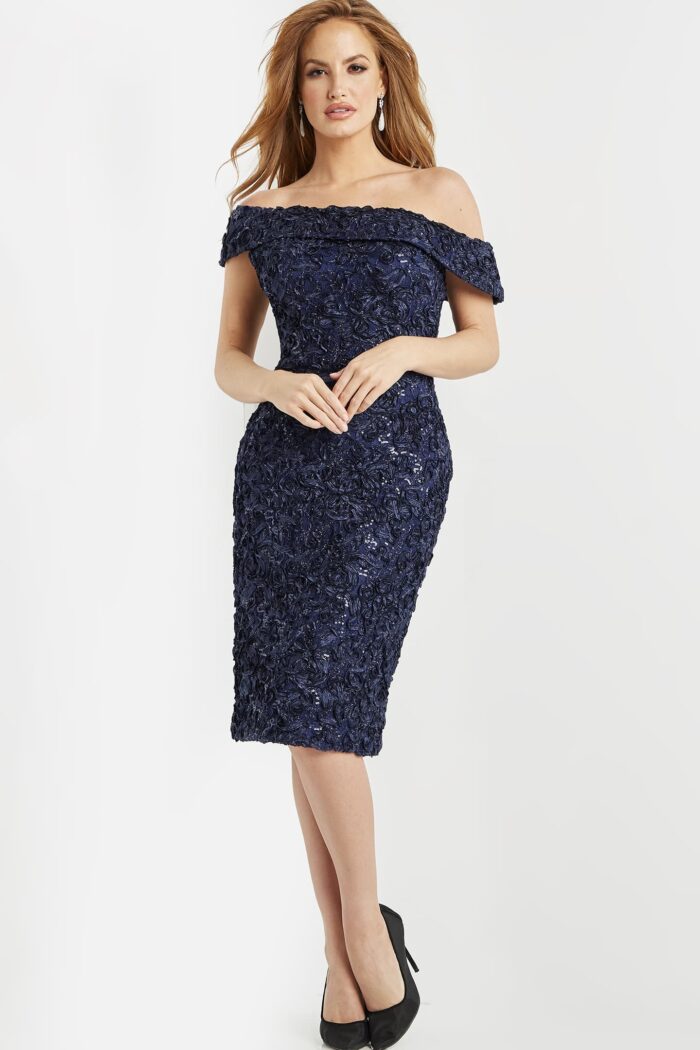 Model wearing Jovani 09767 Navy Knee Length Fitted Evening Dress