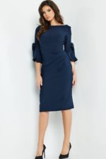 model wearing Jovani 09775 navy knee-length dress full length view