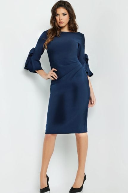 model wearing Jovani 09775 navy knee-length dress front view