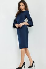 model wearing Jovani 09775 navy knee-length dress side view