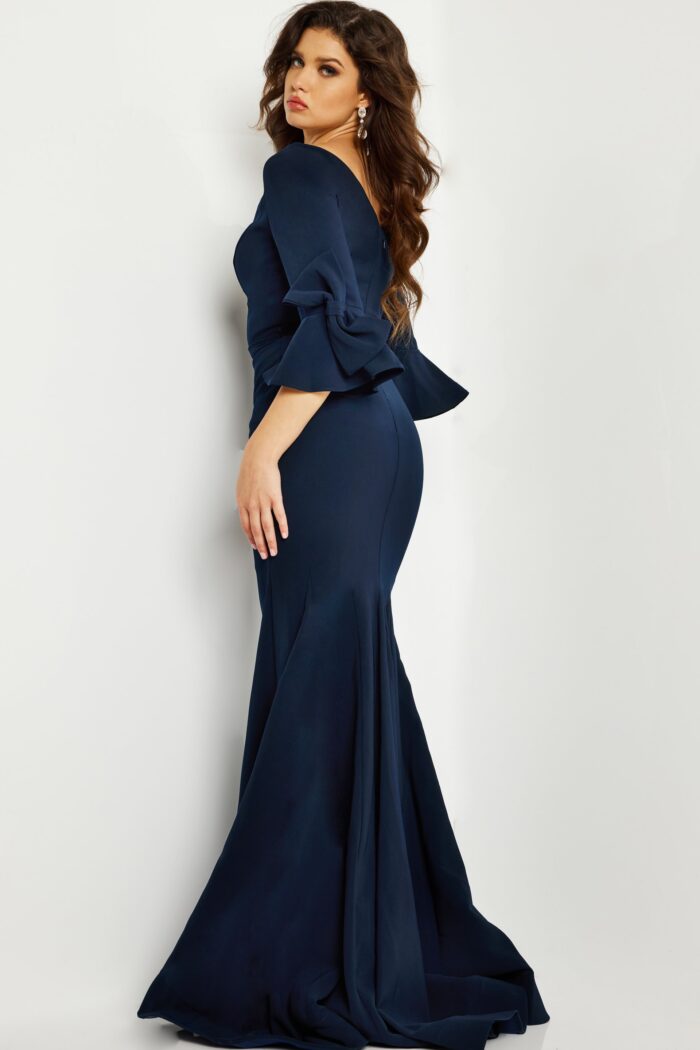 Model wearing Navy Ruffle Sleeve Mermaid Formal Gown 09776