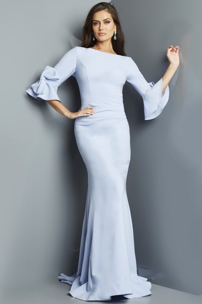Model wearing Navy Ruffle Sleeve Mermaid Formal Gown 09776
