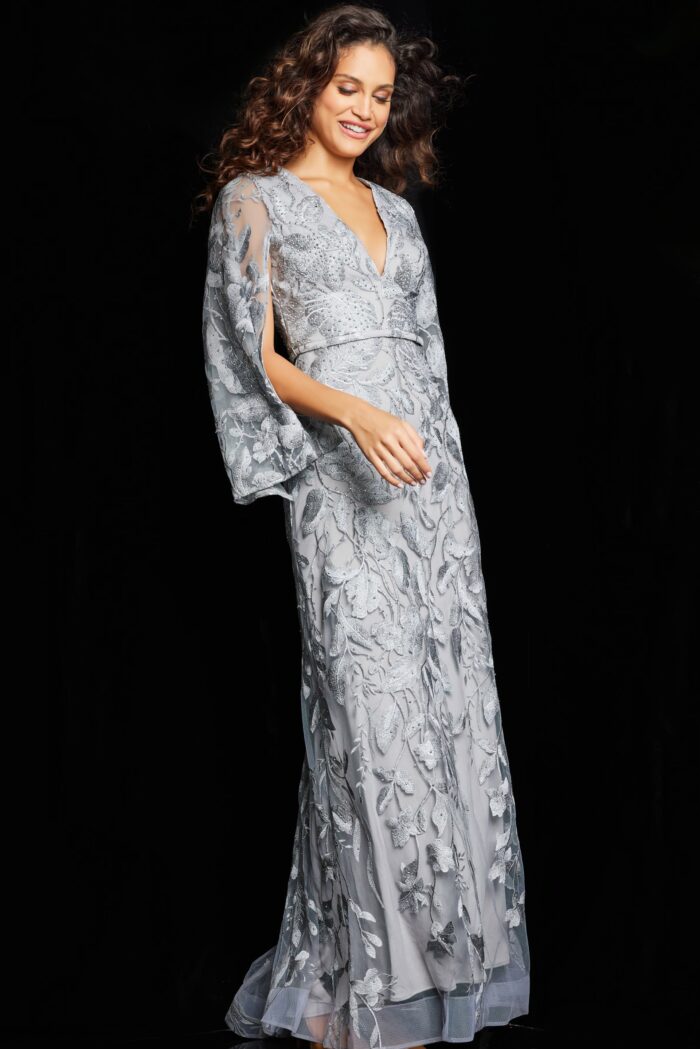 Model wearing Silver Embroidered V Neck Evening Gown 09809
