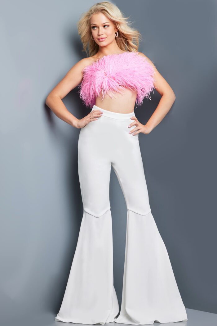 Model wearing Jovani 09835 Feather Contemporary Crop Top
