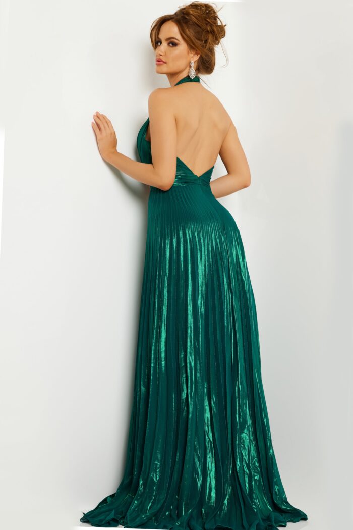 Model wearing Green Pleated Backless Long Dress