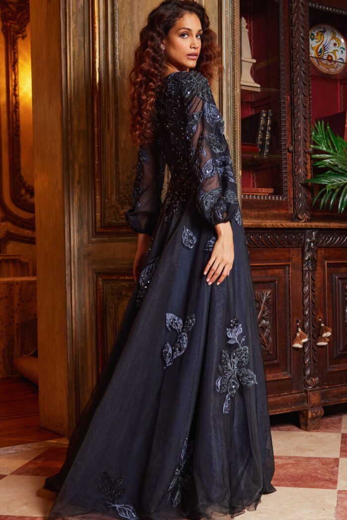 Model wearing Jovani 09943 Navy Embroidered A Line Evening Dress