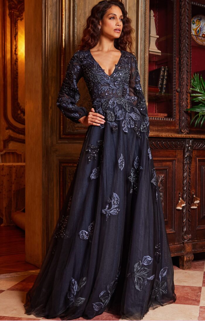 Model wearing Jovani 09943 Navy Embroidered A Line Evening Dress