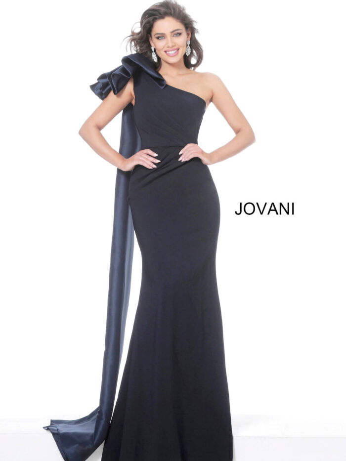 Model wearing Jovani 1008 Navy One Shoulder Ruched Waist Evening Dress