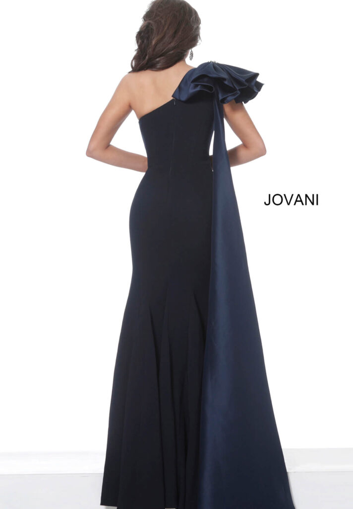 Jovani 1008 Navy One Shoulder Ruched Waist Evening Dress