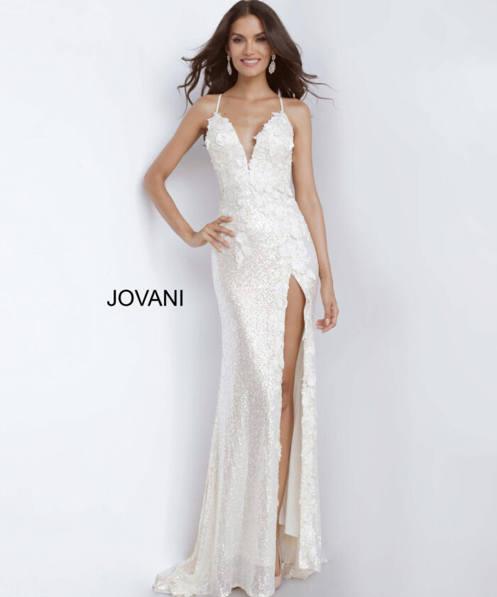 Model wearing Jovani 1012 Plunging Neckline Floral Cream Dress