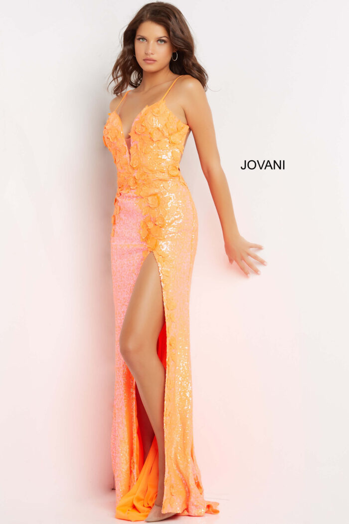 Model wearing Jovani 1012 Ice Pink High Slit Plunging Neck Dress