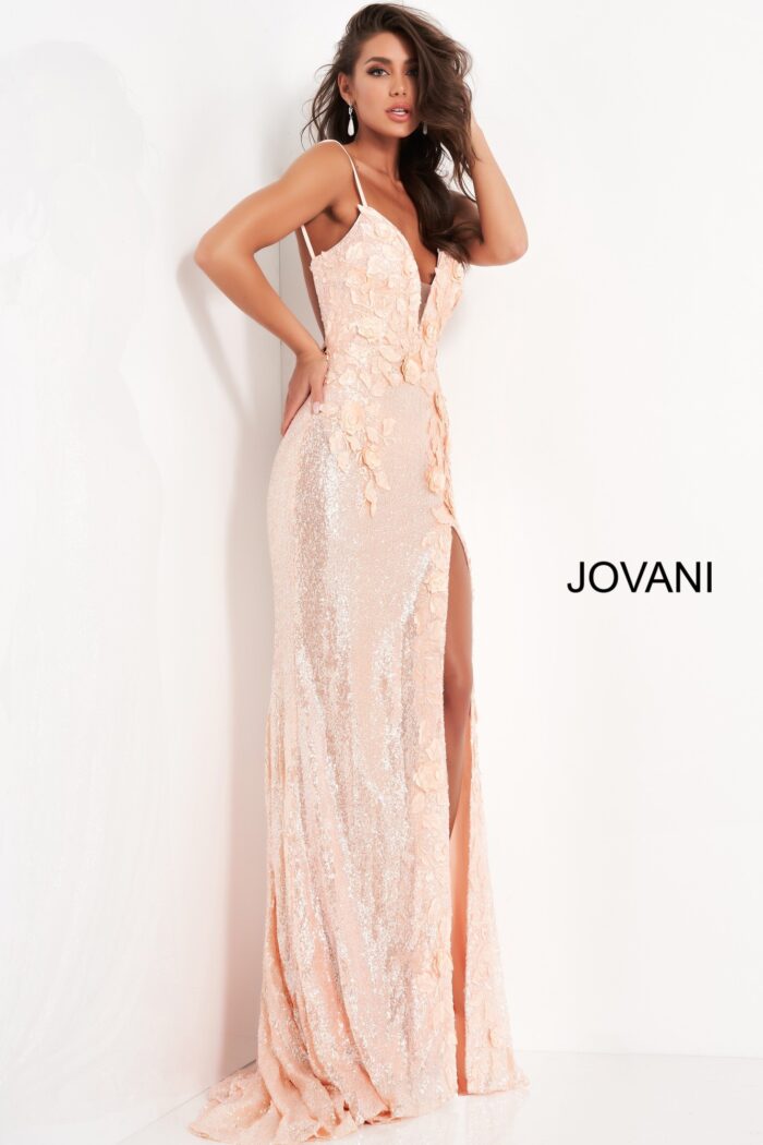 Model wearing Jovani 1012 Floral Appliques Backless Dresses