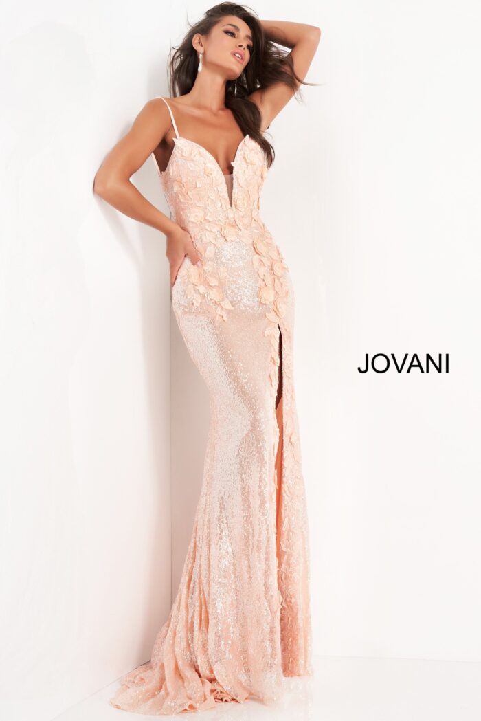 Model wearing Jovani 1012 Floral Appliques Backless Dresses