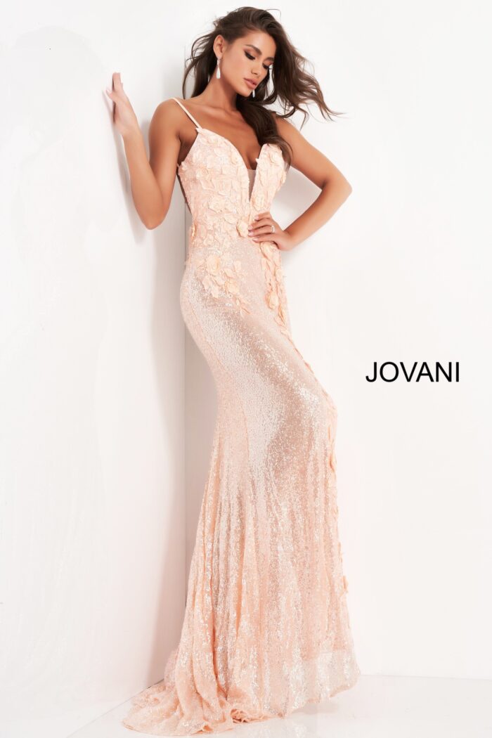 Model wearing Jovani 1012 Hot Pink High Slit Plus Size Dress