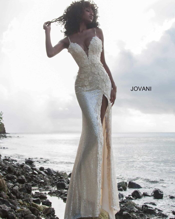 Model wearing Jovani 1012 Plunging Neckline Floral Cream Dress