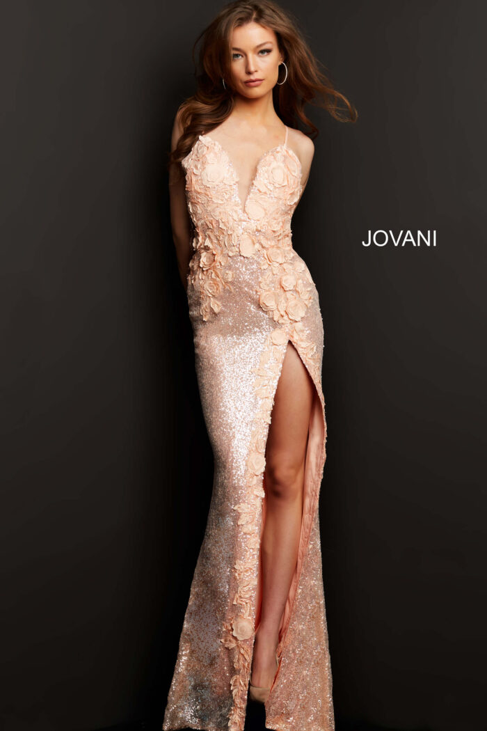 Model wearing Jovani 1012 Ice Pink High Slit Plunging Neck Dress