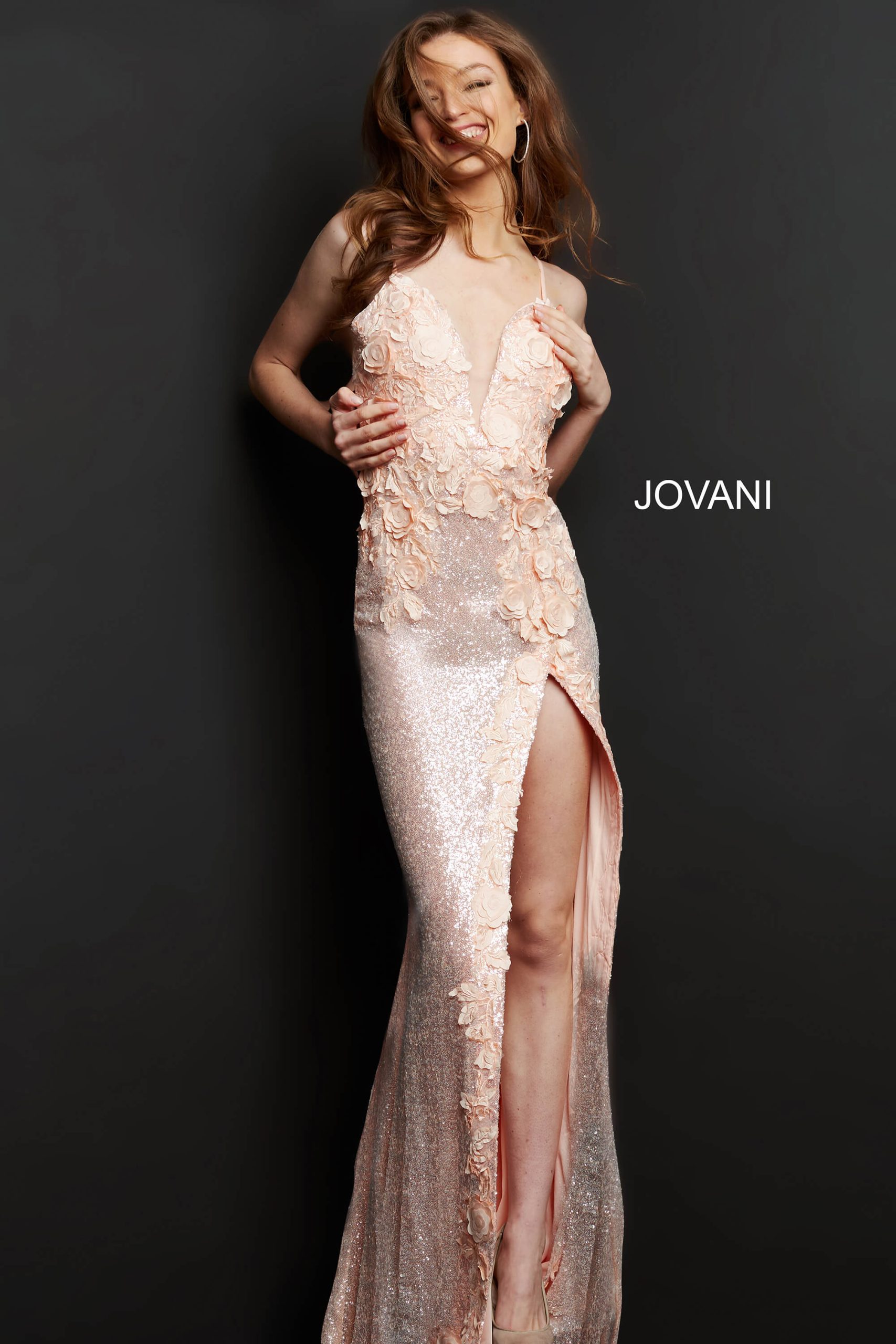 Jovani 1012 Ice Pink High Slit Plunging Neck Dress