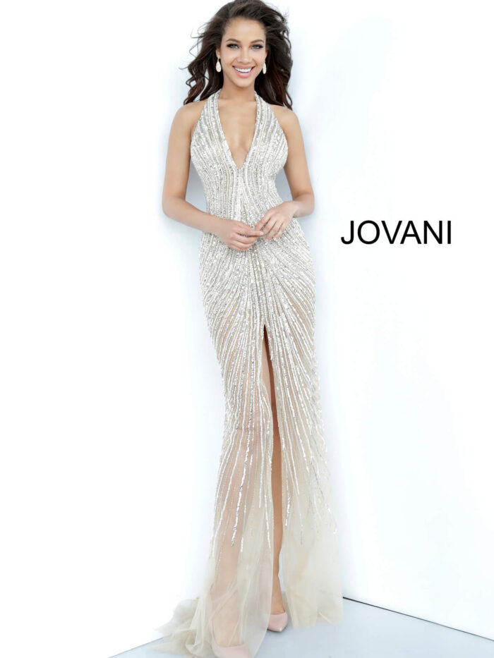 Model wearing Nude Beaded Sexy Jovani Prom Dress 2609