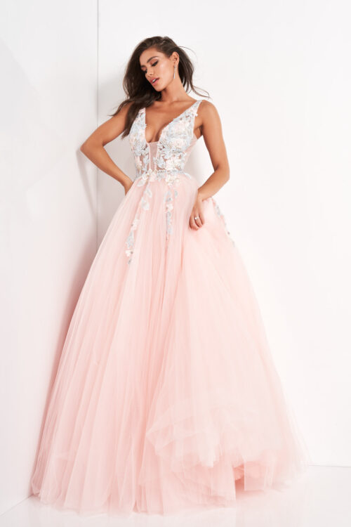 Model wearing Blush Tulle Floral Embroidered Party Ballgown 11092