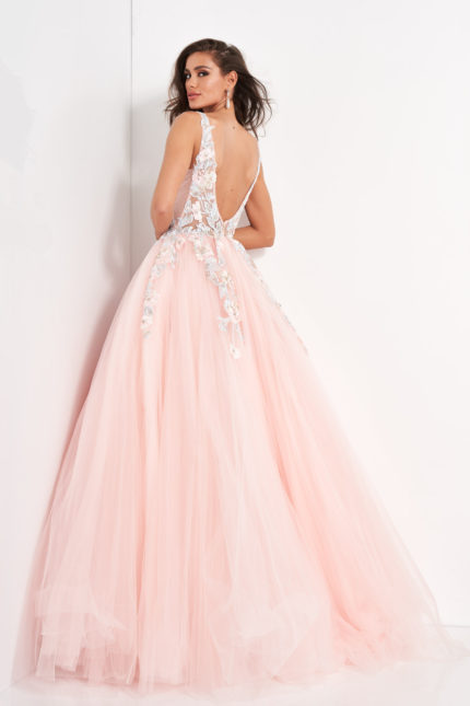 model wearing Jovani 11092 blush gown showing back