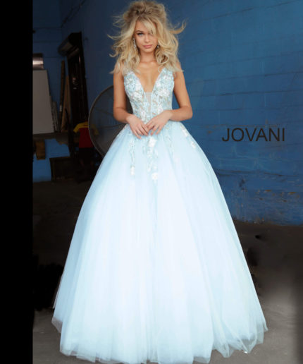 model in Jovani 11092 blue ballgown with floral design