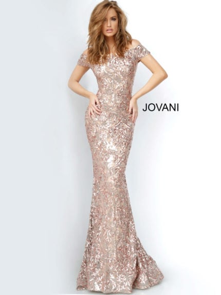 Model wearing Jovani 1122 elegant silver mermaid gown with sequins, off-the-shoulder neckline and short sleeves.