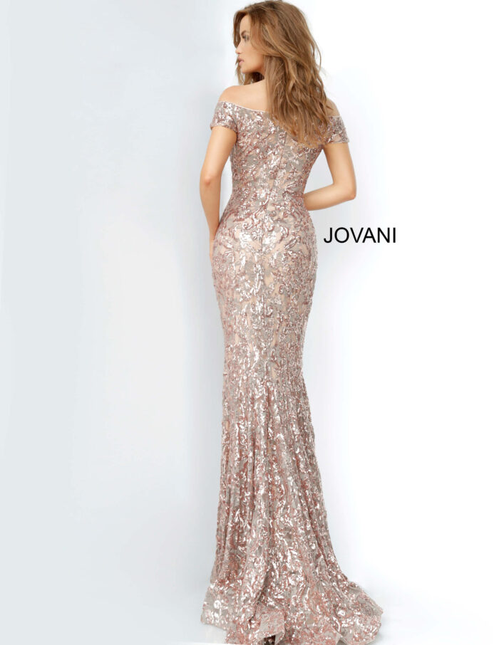 Model wearing Jovani 1122 Off the Shoulder Sequin Gown