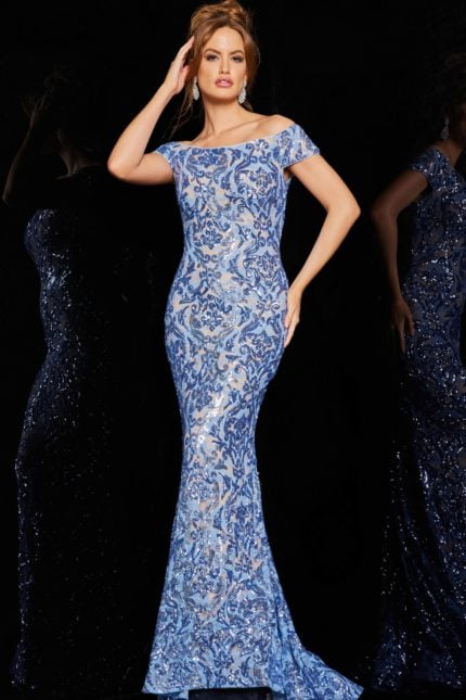 Model wearing Jovani 1122 blue mermaid gown with sequins and off-the-shoulder design.