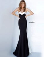 Front view of model in Jovani 12020 black gown with sweetheart neckline