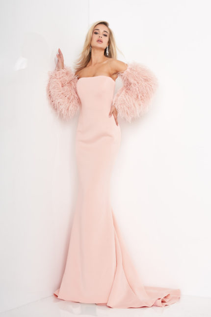 Jovani 1226 blush dress with detailed feathered sleeves.