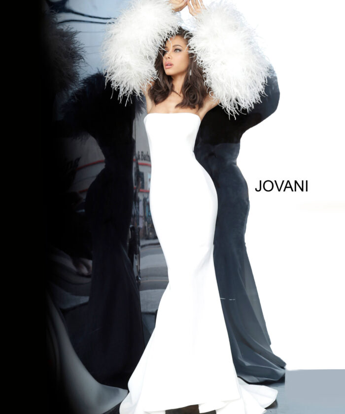 Model wearing Blush Strapless Fur Sleeves Jovani Gown 1226