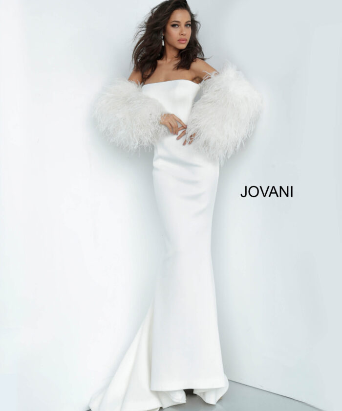 Model wearing Blush Strapless Fur Sleeves Jovani Gown 1226