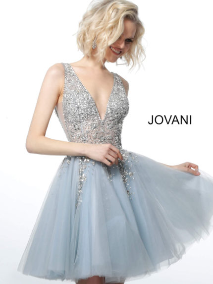 Model wearing Jovani 1774 blue dress with a deep V-neckline and embellished bodice.