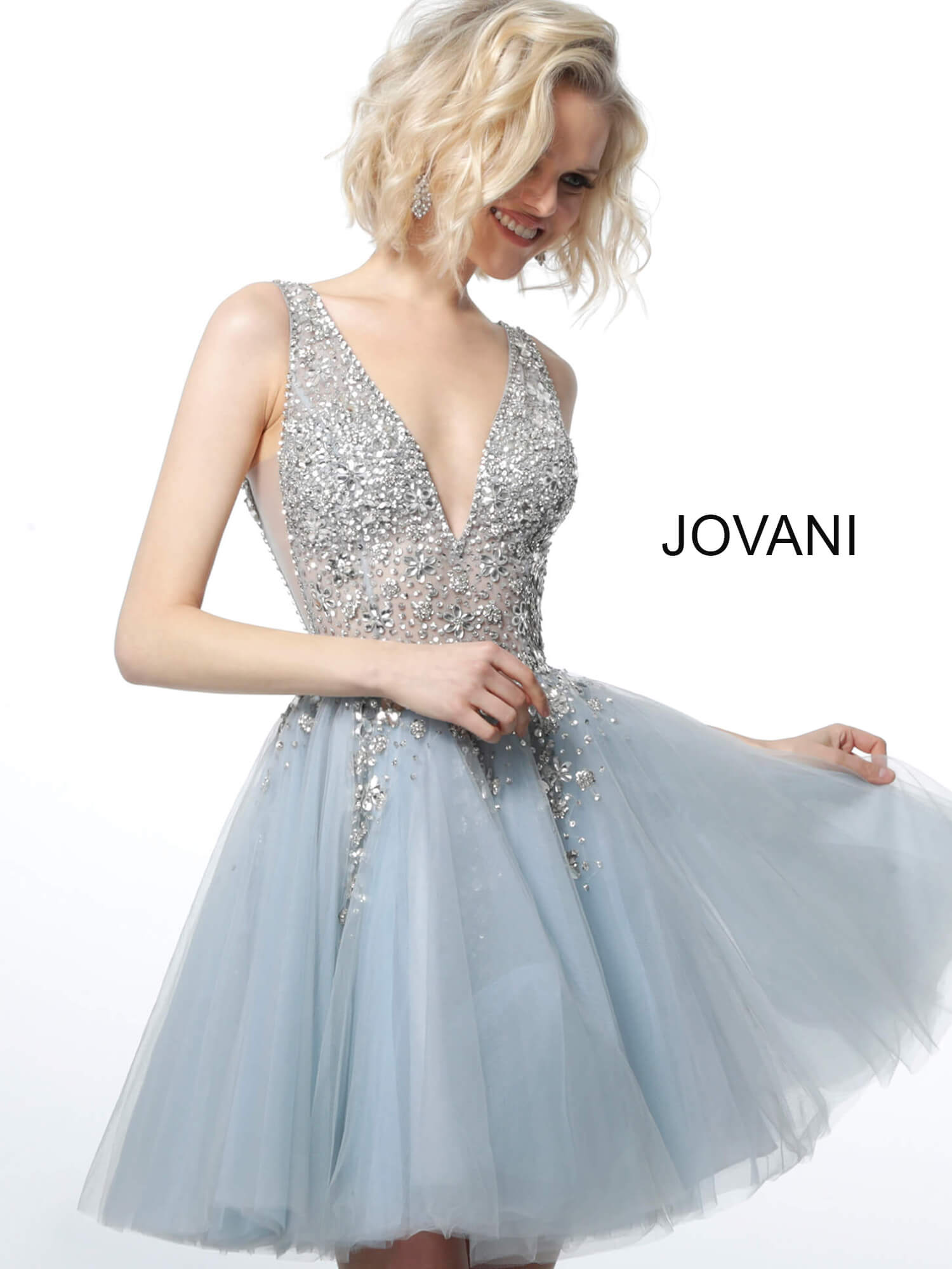 Jovani 1774 Light Blue Crystal Embellished Bodice Cocktail Dress 