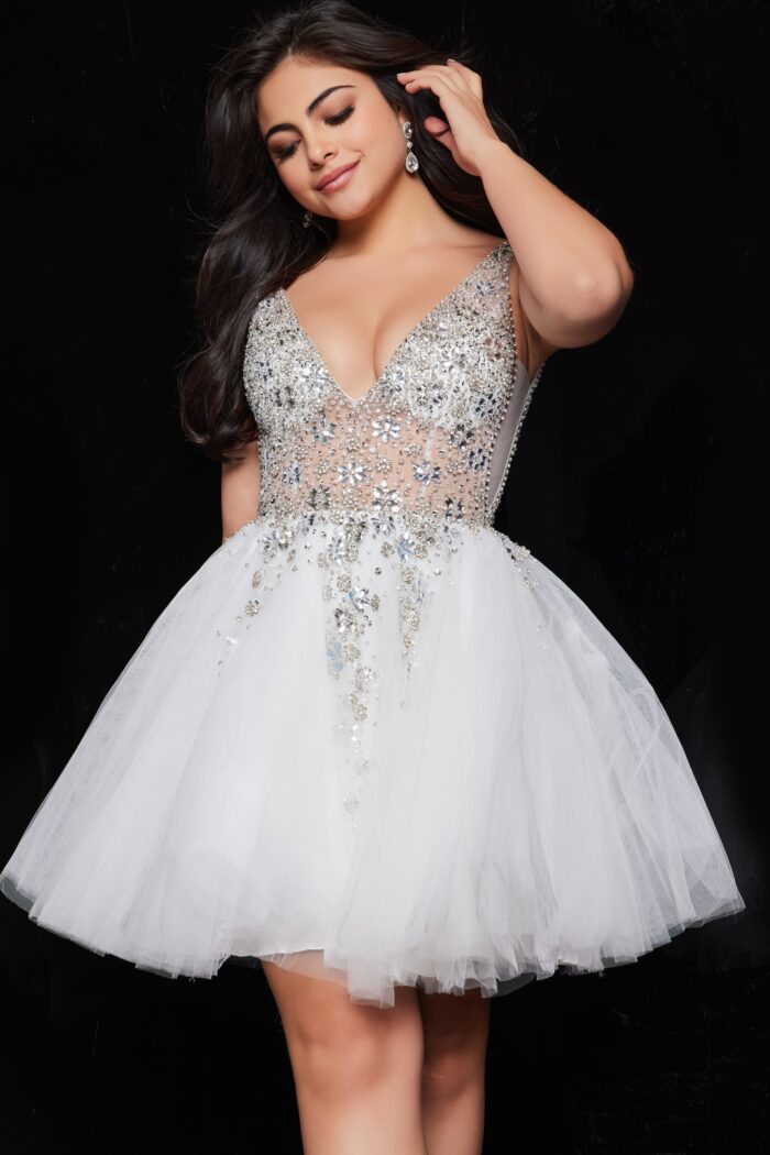 Model wearing Jovani 1774 White Fit and Flare Tulle Dress