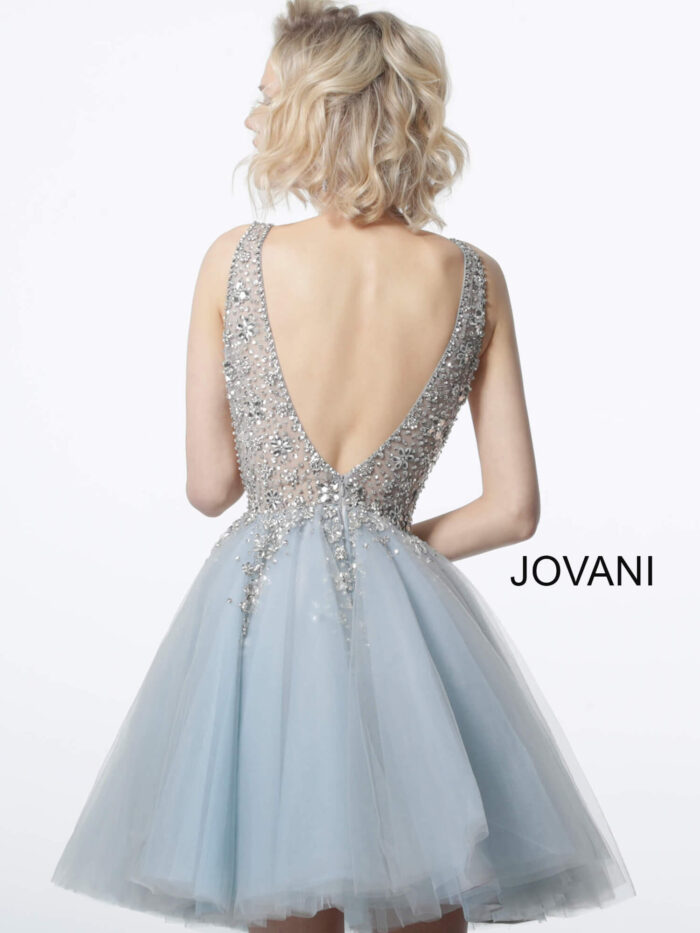 Model wearing Jovani 1774 Light Blue Crystal Embellished Bodice Cocktail Dress 