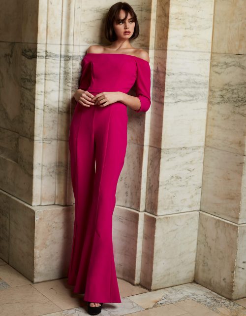 Jovani 1867 Fuchsia Three Quarter Sleeve Contemporary Jumpsuit